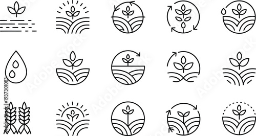Set of line style eco friendly and growth icons with plants and water droplets