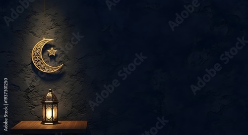 Islamic crescent moon and star lantern hanging on textured wall, Ramadan decor, night scene, religious background