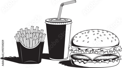 Black and white illustration of classic fast food meal with hamburger, French fries, and soft drink, representing fast food culture, consumer habits, and nutrition concepts