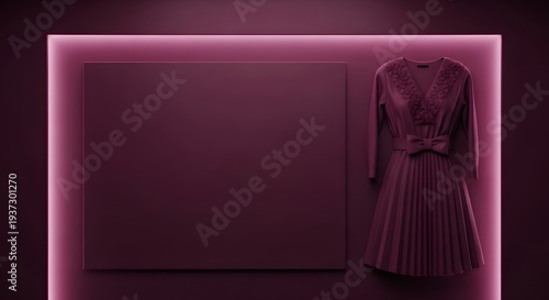 Luxurious plum-colored dress with a pleated skirt and bow detail, displayed elegantly on a matching background with illuminated border