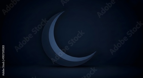 Minimalist 3D rendered crescent moon in deep blue tones with soft shadows against a dark background, evoking a serene night sky ambiance