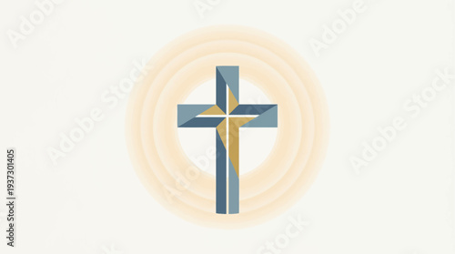 A blue and gold cross centered within concentric circles viewed from directly above