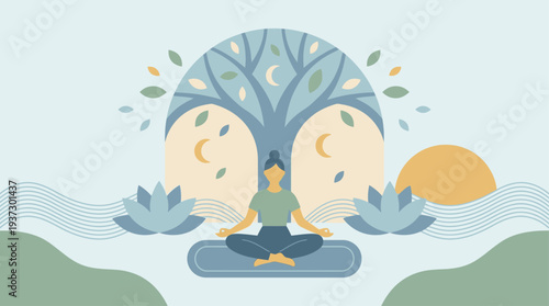 Serene illustration of a person meditating under a symbolic tree with moon and sun