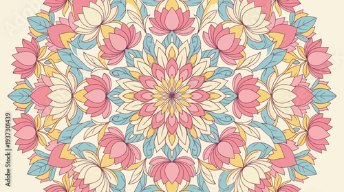 Vibrant floral mandala illustration featuring flowers, leaves, and petals in a circular pattern from a direct viewpoint