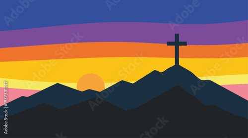 Sunset over Mountains with Cross, Peaceful Landscape Illustration at Dusk from Afar