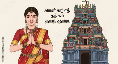 Traditional indian woman greeting namaste near temple celebrating Happy Tamil New Year cultural festival background with spiritual architecture illustration vector