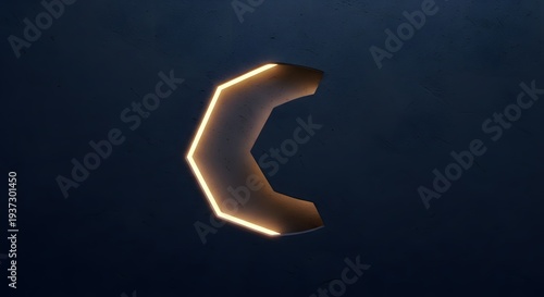 Minimalist geometric crescent moon shape carved into dark blue textured wall with warm golden internal lighting creating sharp futuristic aesthetic