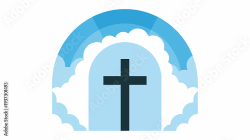 Cross Symbol on Tombstone Illustration in Cloudy Heavenly Scene