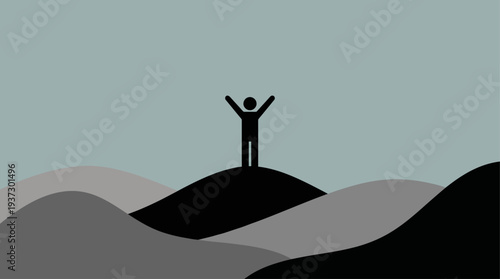 Silhouette of a person standing triumphantly on a hilltop with arms raised in celebration