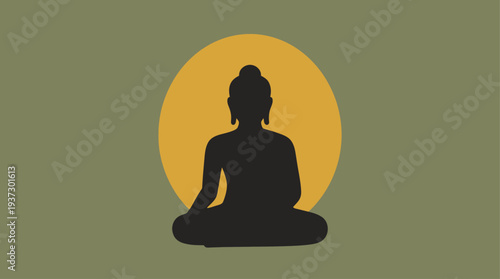 A serene silhouette of Buddha meditating in a peaceful environment viewed from behind