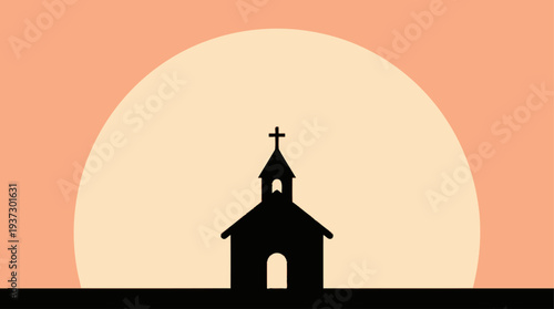 A silhouette of a church with a cross against a full moon