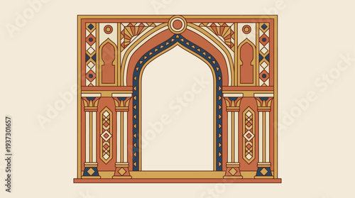 An ornate architectural doorway illustration featuring intricate designs, archway, and columns in a traditional style