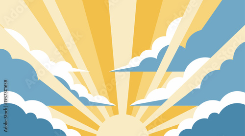 Sunbeams bursting through clouds in a vibrant sky illustration
