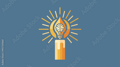 Creative idea generation with a lightbulb and brain illustration on a blue background from a straightforward viewpoint