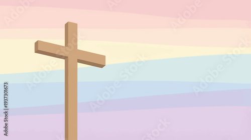 A wooden cross stands tall against a vibrant, multicolored sky with pastel hues visible from a low angle viewpoint