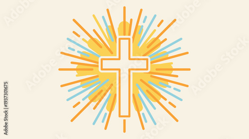 A stylized cross illustration surrounded by vibrant rays and lines, symbolizing spirituality and faith