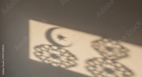 Ramadan kareem shadow on wall with crescent moon, star, and arabic pattern elements, creating festive muslim atmosphere