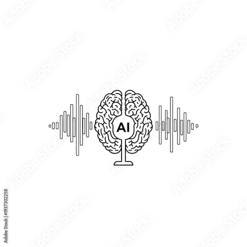 An abstract visual representation of artificial intelligence, featuring a stylized human brain with "AI" text, flanked by digital sound wave patterns, symbolizing machine learning