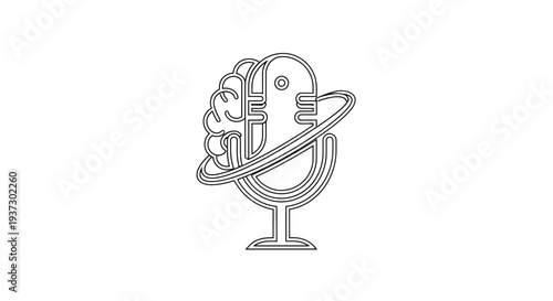 Creative line art icon features a stylized vintage microphone intertwined with a human brain and an orbital ring, symbolizing intelligent communication, insightful thought processes