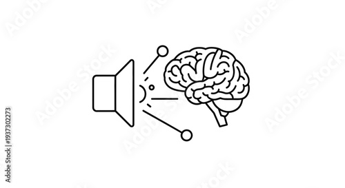 An illustrative line art representation of a loudspeaker emitting sound waves directly towards a stylized human brain, symbolizing auditory perception, mental processing, and the act of hearing.