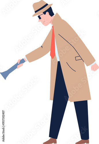 Detective hold flashlight. Search for crime clues color icon