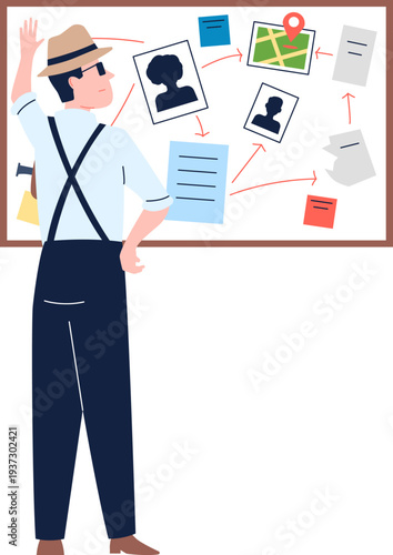Crime investigation board. Cartoon character inspect connections