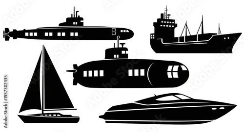 Collection of Silhouettes of Various Boats and Ships.