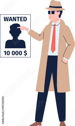 Criminal suspect search. Detective character with wanted poster
