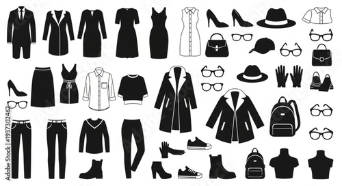 Collection of Fashionable Clothing and Accessories Icons.