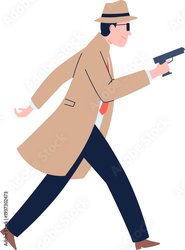 Walking man in coat with gun. Secret agent or spy character