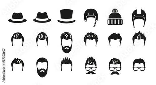 Collection of diverse mens hairstyles and hats icons.