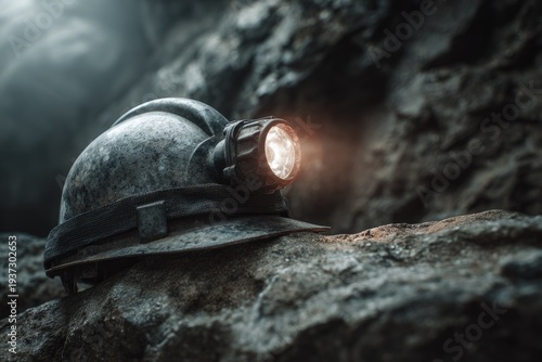 Weathered mining helmet with headlamp illuminating rocky underground cave