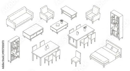 Collection of Isometric Furniture Line Drawings.