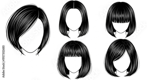 Collection of five different black and white bob hairstyles.