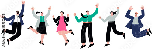 Jumping people together. Excited men and women joy