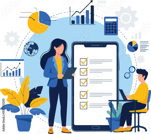 Business Analytics in Action: An illustration of two individuals immersed in business analytics, analyzing charts and data on a smartphone screen, symbolizing strategic planning, innovation.
