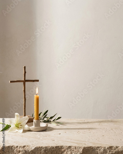 Easter Symbols with Cross, Candle and white lilies.