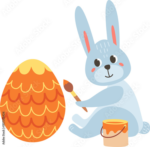 Rabbit painting Easter egg. Holiday season mascot