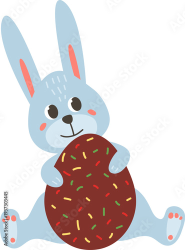 Happy bunny with chocolate egg. Easter card mascot