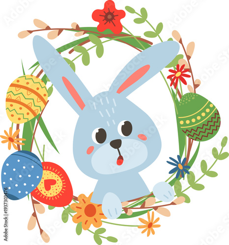 Easter card mascot. Rabbit in decorative spring wreath