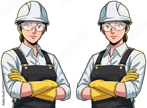 Woman Construction Worker: A determined woman, arms crossed, stands ready in her work attire and safety gear. Depicting dedication and readiness.