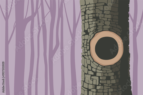 Tree trunk with hollow opening in forest, forest ecology concept