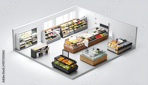 Isometric view of a minimalist, well-lit grocery store interior filled with fresh produce displays