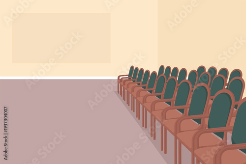 Rows of empty green chairs in a conference room with blank wall space, business meeting concept