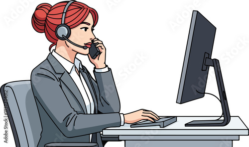 Digital Support Representative: A dedicated professional with a headset handles calls and uses computer to solve the customers questions