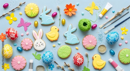 A joyful and busy tabletop filled with bunny and chick-shaped iced cookies, colorful painted eggs, paintbrushes, and crafting yarn on a light blue wood texture.