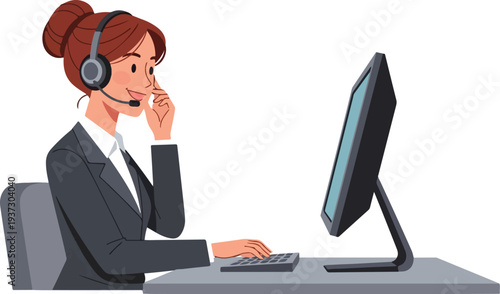 Support agent at work: An animated customer service representative provides assistance at their desk. Focused and attentive, she uses technology to communicate and support clients.