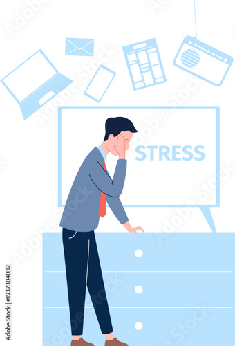 Social media overload stress. Anxious man with technology pressure