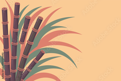 Vibrant bamboo stalks with green and pink leaves on warm background, tropical nature concept