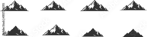 Mountain peak silhouette icons, high alpine range landscape summits, rocky outdoor adventure travel nature climbing symbol vector illustration collection